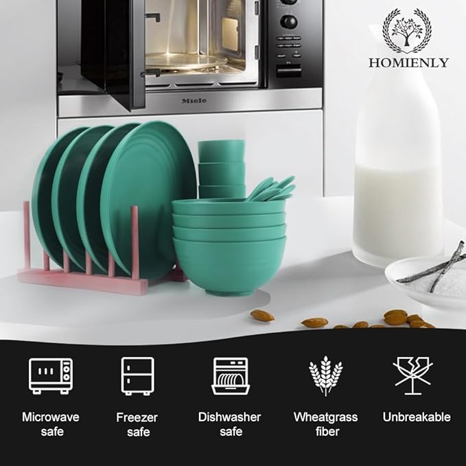 Homienly Wheat Straw Dinnerware Sets, 20pcs Unbreakable Microwave Dishwasher Safe Tableware Lightweight Bowls, Cups, Plates Set Reusable Dinner Plates Bowls set (Green)