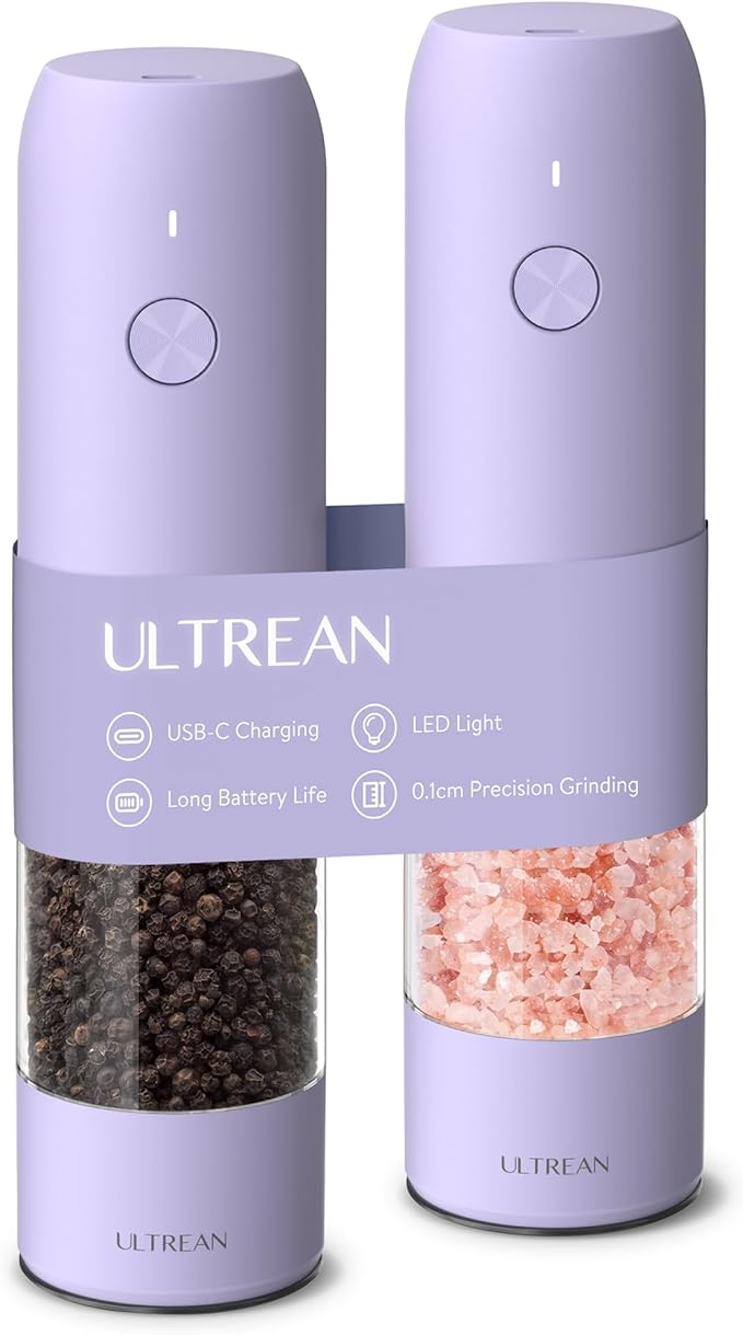 Ultrean Electric Pepper Grinder, Rechargeable Salt and Pepper Grinder with 6 Adjustable Coarseness, LED Light, One-Hand Automatic Operation, Lavender Purple