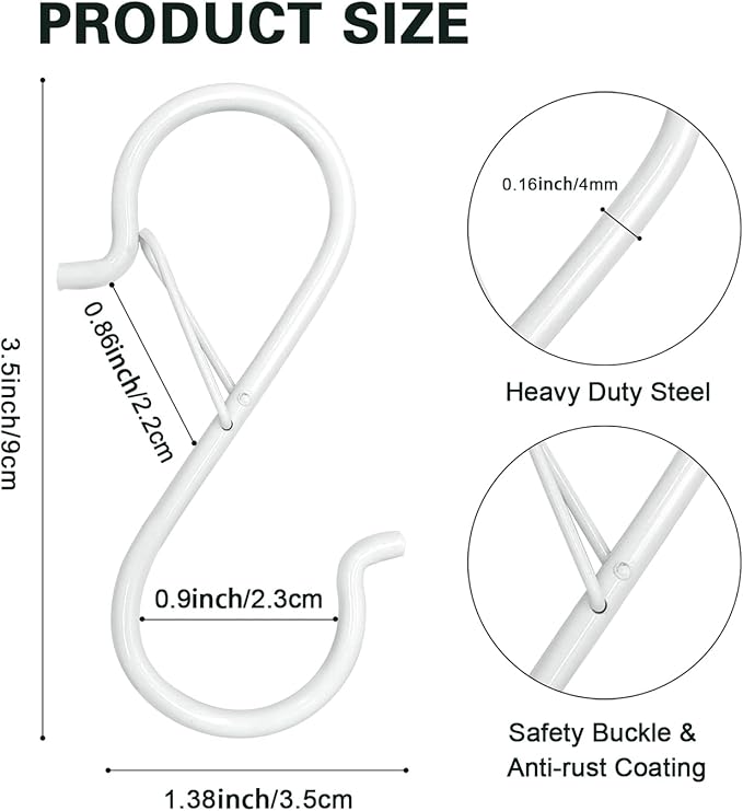 12PCS S Hooks for Hanging,3.5 Inch Heavy Duty Closet Hooks with Safety Buckle,Closet Hooks Hanging for Plants,Clothes,Kitchen Utensil,String Lights,Handbags,Belt, Hat, Cup, Tie (White)