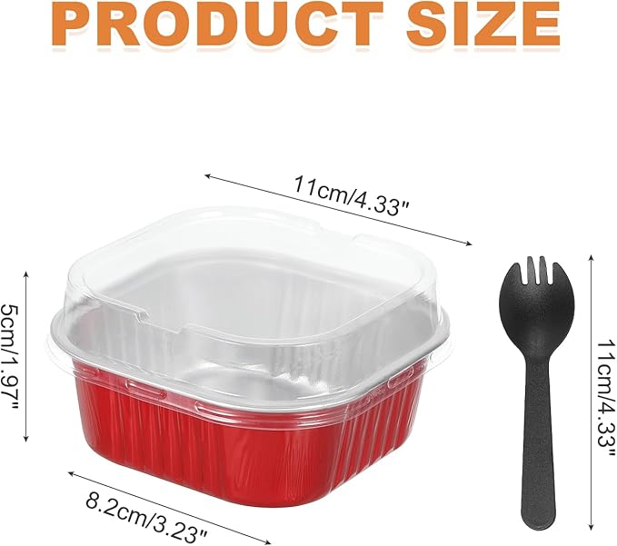 HARFINGTON 40Pack 10oz Disposable Mini Cake Pans with Lids and Spoons Red Aluminum Foil Square Baking Cupcake Dessert Cups Tin for Birthday Party