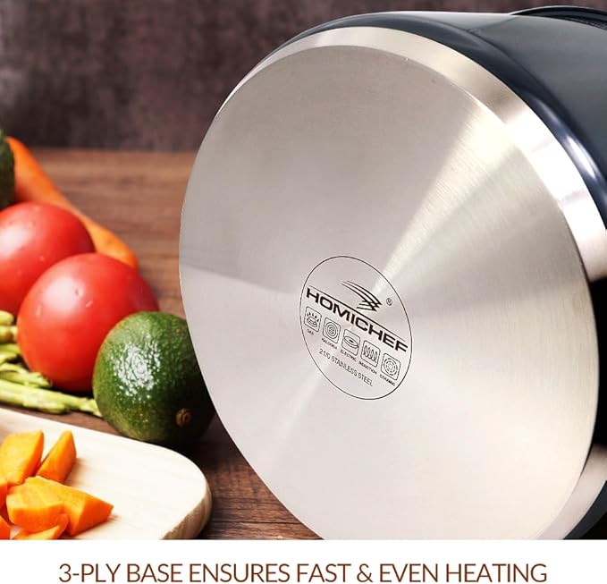 HOMI CHEF Navy Gray NICKEL FREE Stainless Steel 7 Quart Stock Pot with Glass Lid (Non Coating, 9.5 Inch) - No Toxic 7 qt Stockpot With Lid