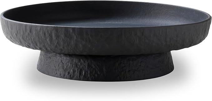 Granite Inspired Matte Black Fruit Bowl | Wide, Shallow Textured Pedestal Bowl | 11 Inch Unique Centerpiece for Table or Decor for Entryway Table