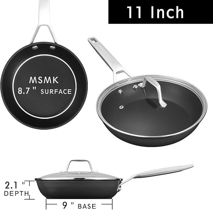 MsMk 11 Inch Nonstick Frying Pan with Lid,Titanium and Ceramic Nonstick skillet with lid, PFOA Free Non-Toxic, Stay-Cool Handle, Scratch-resistant, Induction Skillet With Lid for Induction, Ceramic
