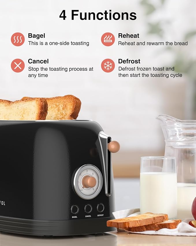 CROWNFUL 2-Slice Toaster, Extra Wide Slots Toaster, Retro Stainless Steel with Bagel, Cancel, Defrost, Reheat Function and 6-Shade Settings, Removal Crumb Tray, Black