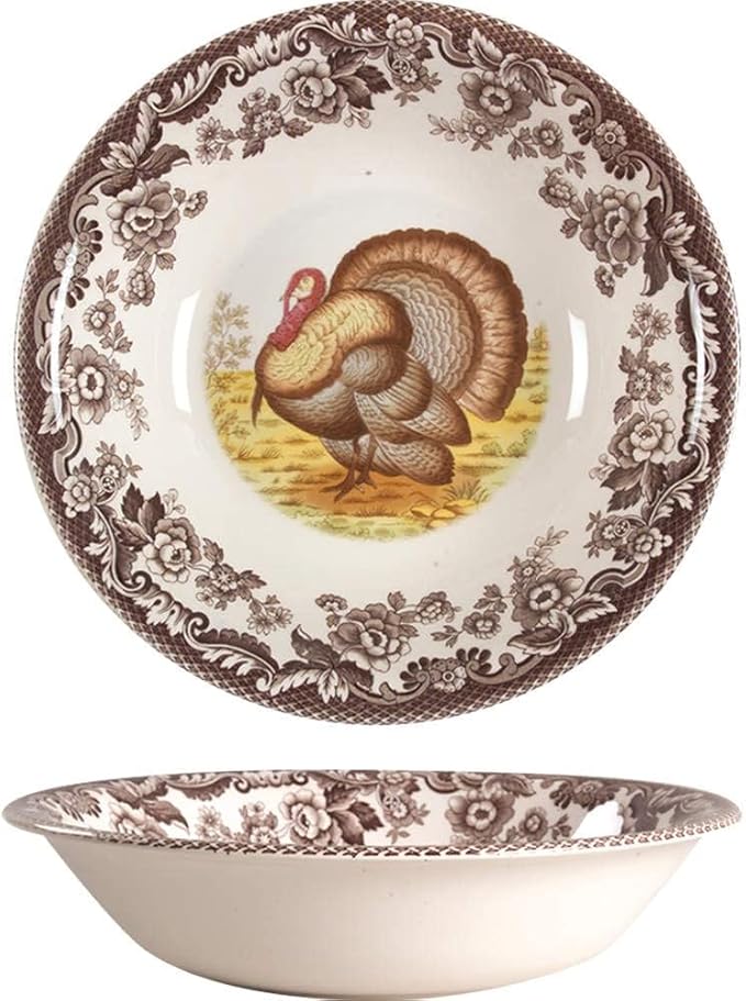 Spode Woodland Thanksgiving Turkey 8" Ascot Cereal Bowl - Classic Holiday Tableware, Salad, Dessert, Nut Bowl with British Flowers Border, Fine Earthenware - Microwave, Oven, Freezer, Dishwasher Safe