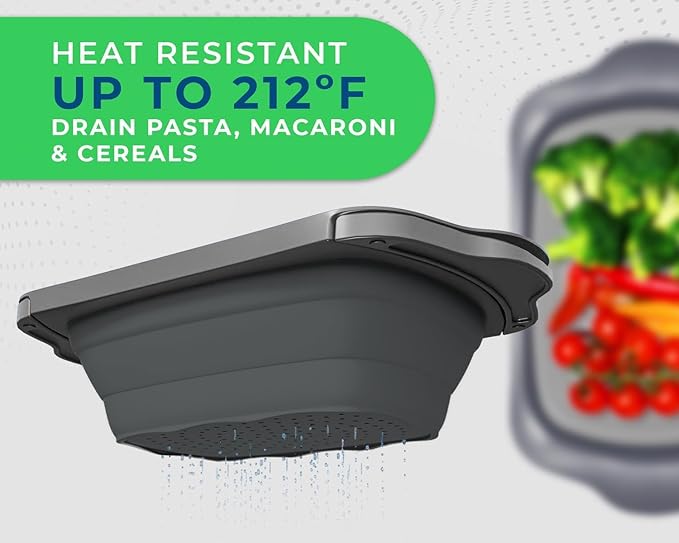 Sleek Black Over-The-Sink (OTS) Colander with Convenient Handles - Space-Saving Kitchen Strainer for Pasta, Vegetables, and Fruits - Elevate Your Kitchen Organization