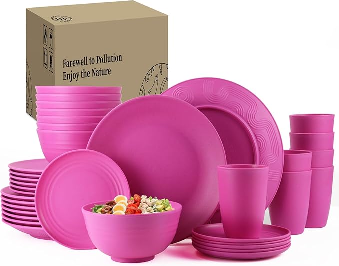 Homienly 40-Piece Kitchen Plastic Wheat Straw Dinnerware Set, Dish Set for 8, Dinner Plates, Dessert Plate, Cereal Bowls, Cups, Appetizer Plates,Unbreakable Plastic Outdoor Camping Dishes,Pink