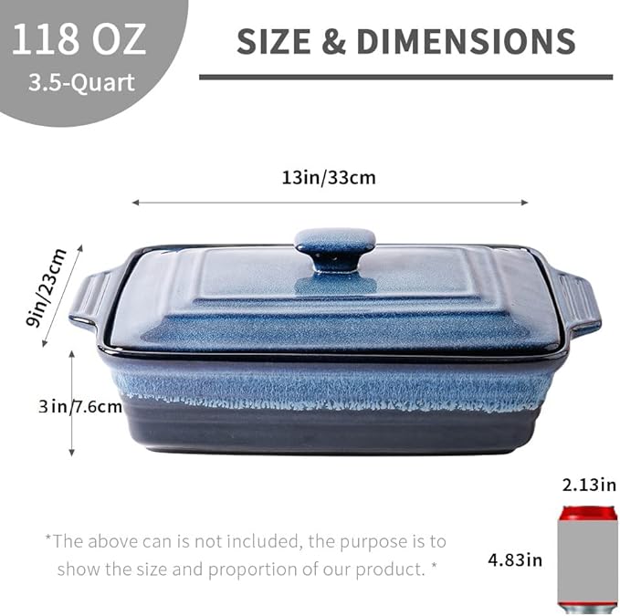 KOOV Ceramic Casserole Dish with Lid, Covered Rectangular Casserole Dish Set, Lasagna Pans with Lid for Cooking, Baking dish With Lid for Dinner, Kitchen, 9 x 13 Inches, Reactive Glaze (Nebula Blue)