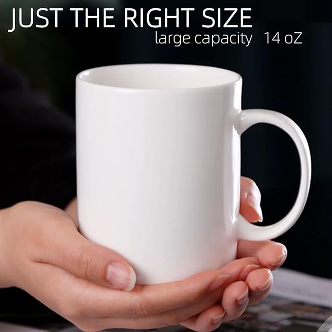 14 oz White Coffee Mugs Set of 2, Fine Bone China Lightweight Porcelain Coffee Cups With Handles for Hot Milk Cappuccino Mocha Cocoa Latte Espresso Coffee, Dishwasher & Microware Safe
