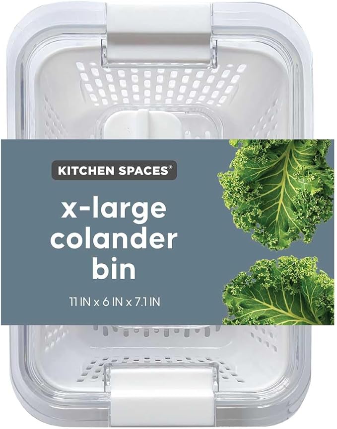 Kitchen Spaces Colander Bin, Produce Saver, Fridge Organizer With Lid, Wash, Strain and Store, Great for Refrigerator, Freezer and Pantry, X-Large, White, Pack of 1