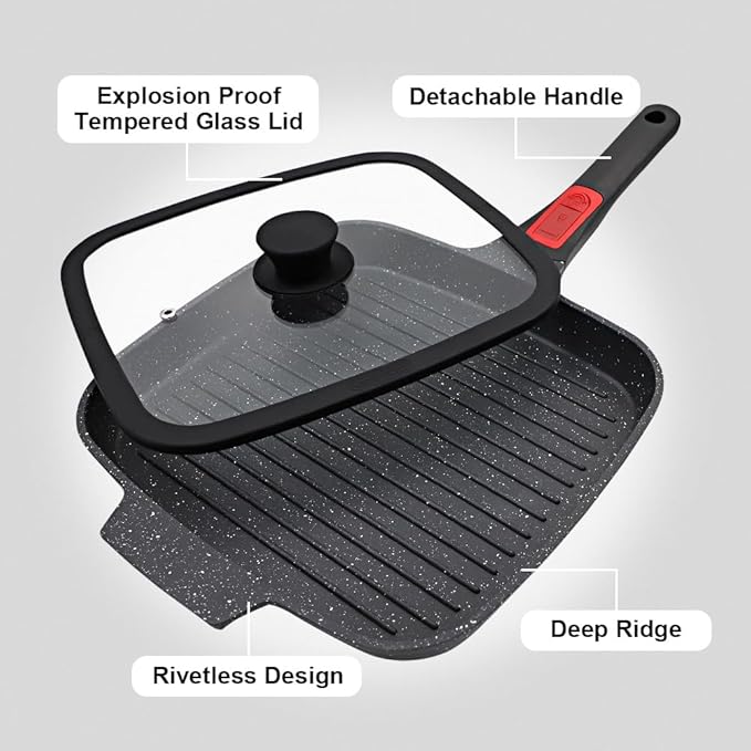 Griddle Pan with Lid, 10 Inch Cast Aluminium Non Stick Grill Pan with Detachable Handle for Induction Hob, Black
