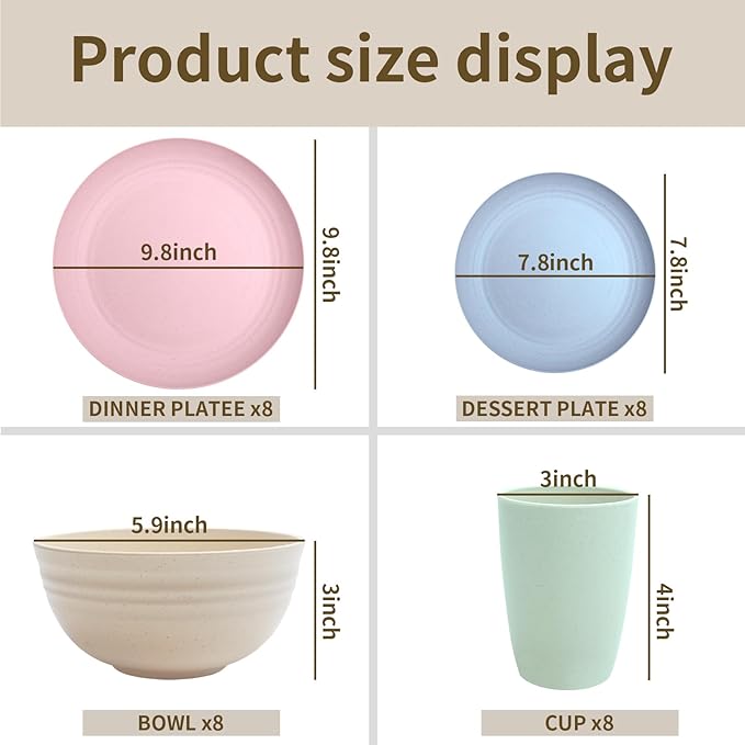 Wheat Straw Dishes Set for 4, Dinnerware Sets 16 piece, Unbreakable Plates, Bowls, Cups Sets for Kitchen Parties Camping RV - Multi-color