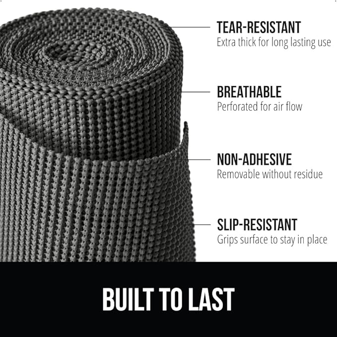 GORILLA GRIP powerGRIP Drawer Shelf and Cabinet Liner, Thick Strong Hold, Non-Adhesive Liners Protect Kitchen Cabinets and Cupboard, Bathroom Drawers, Easy Install, Breathable Mat, 17.5" x10' Charcoal