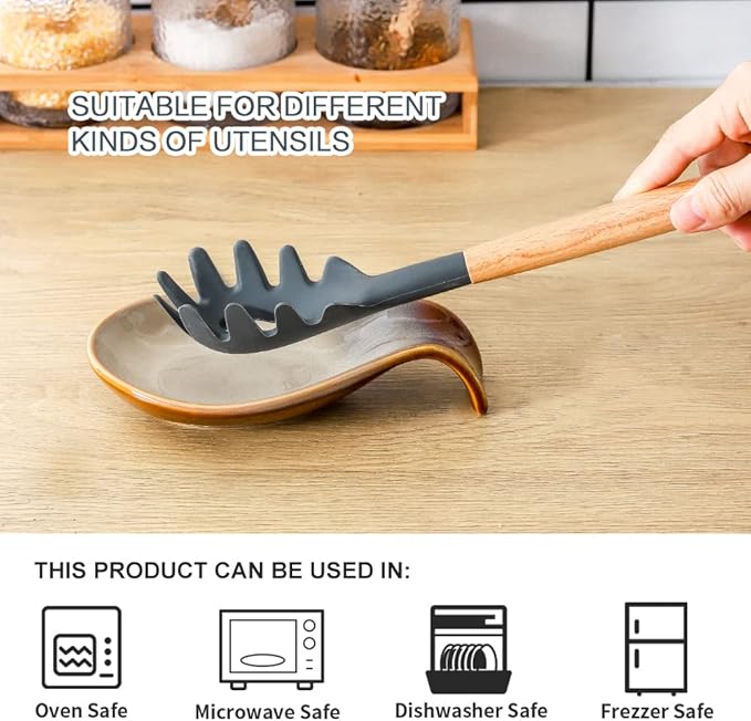 Nihow Ceramic Spoon Rest: 4 Inch Stable Utensil Rest - Spoon Holder for Kitchen counter/Countertop/Stove Top - Dishwasher Safe - Elegant Brown (1 PC)