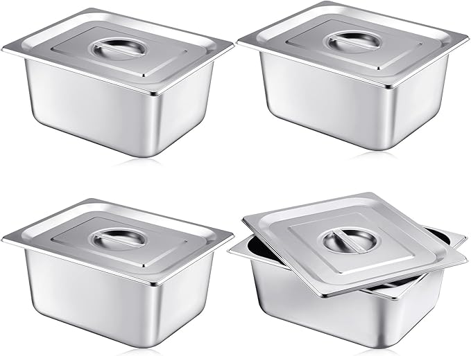 Mifoci 4 Pack Stainless Steam Hotel Pan with Lid, 1/2 Size x 6 Inch Deep, Reusable Anti Rust Steam Pan for Home, Party, Restaurant, Hotel, Buffet
