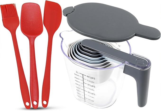 13-Piece Measuring Cups and Spoons Set with 3-Piece Red Silicone Spatula Set, BPA-Free, Dishwasher Safe Baking and Cooking Tools