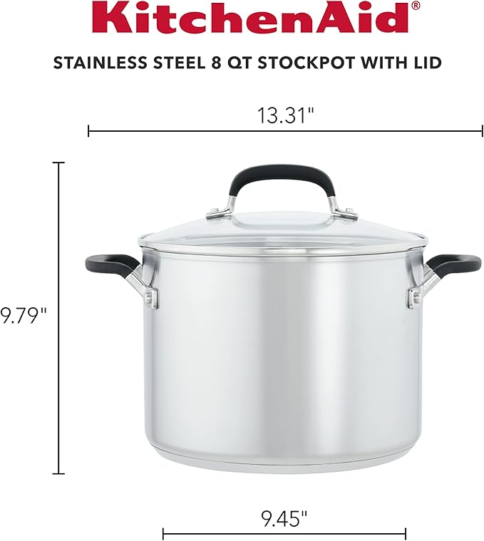 KitchenAid Stainless Steel Stockpot with Measuring Marks and Lid, 8 Quart, Brushed Stainless Steel