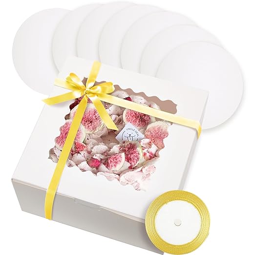 qiqee 10x10x5 Cake Box, 18 Sets White Cake Box with Window & 18 Sets 10" White Cake Round Boards, 10inch Cake Containers, 10 Meters Gold Silk Ribbon