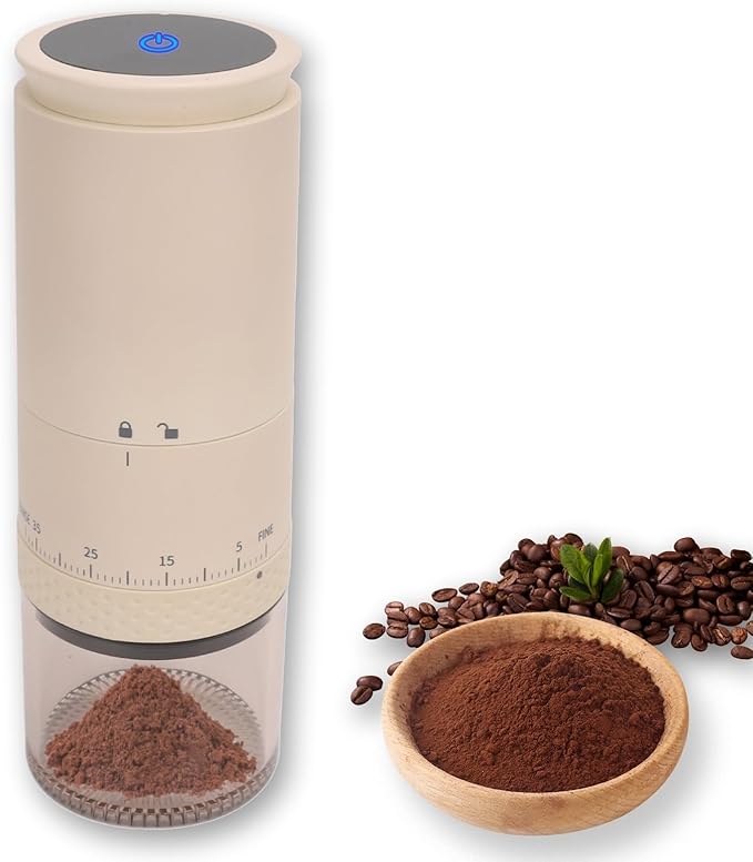 Portable Burr Coffee Grinder, Small Electric Coffee Bean Grinder with 38 Adjustable Settings, LCD Screen Mini Coffee Grinder with Clean Brush and USB for Travel and Camping (Beige)