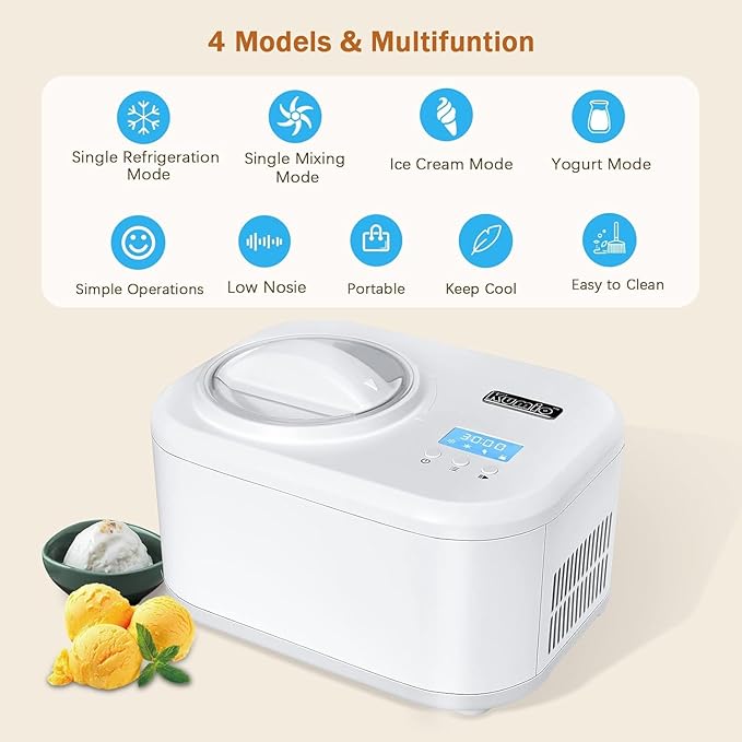 KUMIO Ice Cream Maker with Compressor, No Pre-Freezing, 4 Modes Ice Cream Maker Machine with LCD Display, Timer (1.25 Quart)