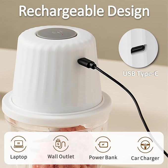 Mini Food Chopper Cordless, 400ml Small Food Processor 1.6Cup, Battery USB-C Rechargeable Electric Garlic Chopper Wireless, Portable Meat Grinder Mincer Veggie Blender Kitchen Mixer w/ 6 Blades, White