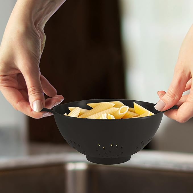 Meadow Lane 6-inch Small Colander, BPA-Free, Dishwasher Safe, Double Handles, Compact Food Strainer for Berries, Veggies and Pasta, 3-Cup Capacity, Black and Gray, 2-Pack