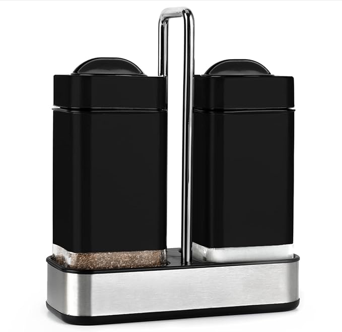 Black Salt and Pepper Shakers Set with Holder, Salt Shaker with Adjustable Pour Holes, Stainless Steel Refillable Spice Dispenser by Aelga
