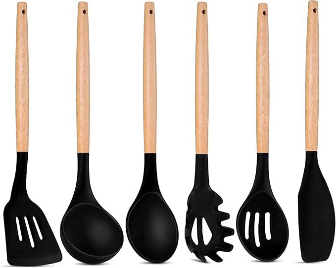 P&P CHEF Cooking Utensils Set, 6 PCS Kitchen Utensils with Wooden Handle, Silicone Spatula for Nonstick Cookware, Easy Clean & Non-toxic, Black