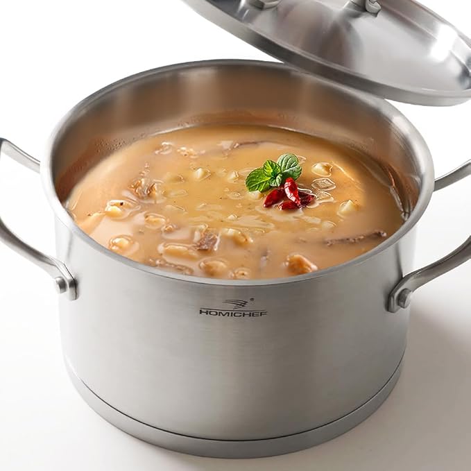 HOMICHEF 3.5QT Silver Nickel Free Stainless Steel Stockpot with Lid - Matte Polished, 8 Inch Wide, 7.6MM Thick Base, No Non-Stick Coating, 4.5 lbs
