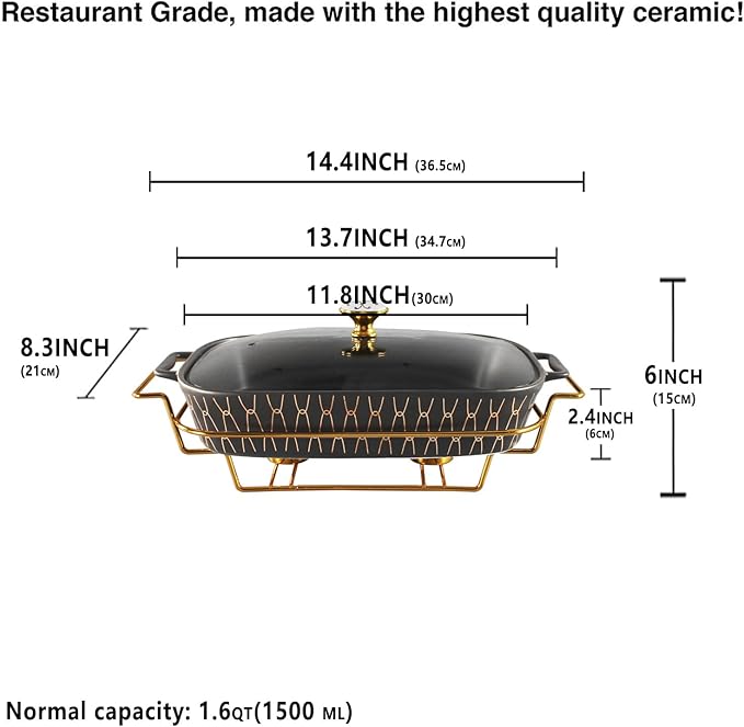 11" x 8" Ceramic Rectangular Casserole Dish with Glass Lid and rack, 1.6 Quart Serving Soup Tureen,Chafing Dish for Buffet, Family Food preserve Tray, Catering for Party Style, Black