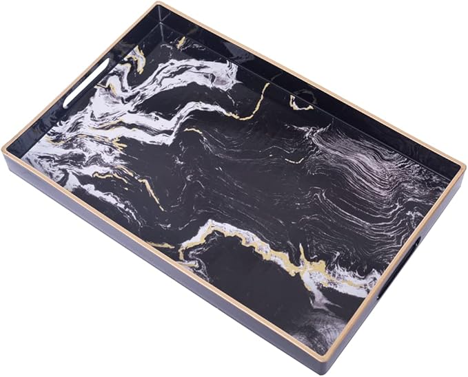 MAONAME Decorative Tray, Plastic Marbling Tray with Handles, Rectangular Coffee Table Trays for Ottoman, Bathroom, 15.7” x 10.2”, Black