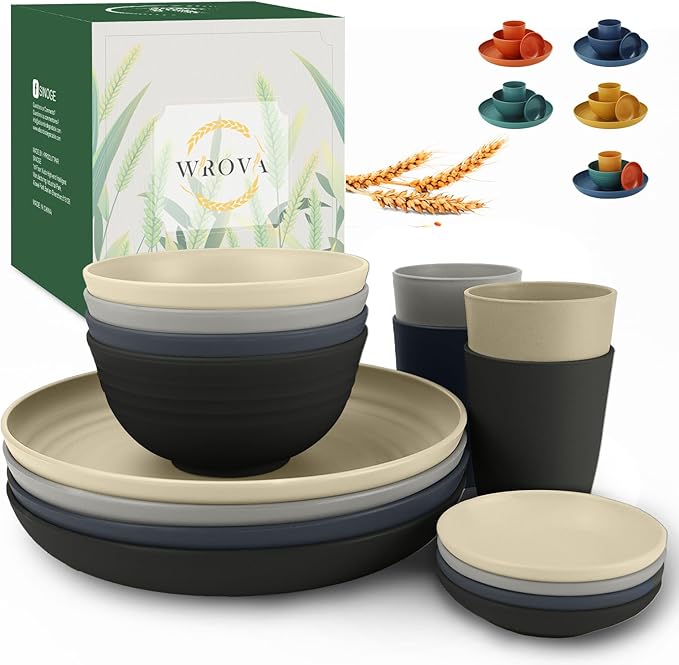 Wheat straw plates and bowls sets of 16 - Unbreakable wheat straw dinnerware sets for camping - Dishwasher safe and Freezer safe Dishes. Black & Grey