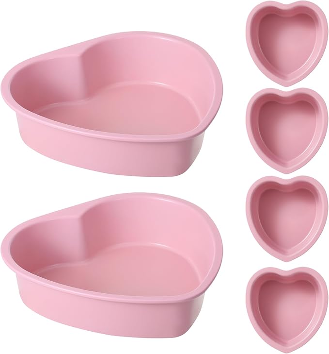 7 & 4 Inch Heart Shaped Cake Pans Set of 6, Pink Carbon Steel Baking Pans Set, Nonstick Heart Cake Mold for Baking, Small Cake Pans, Bakeware Sets for Valentine's Day Wedding