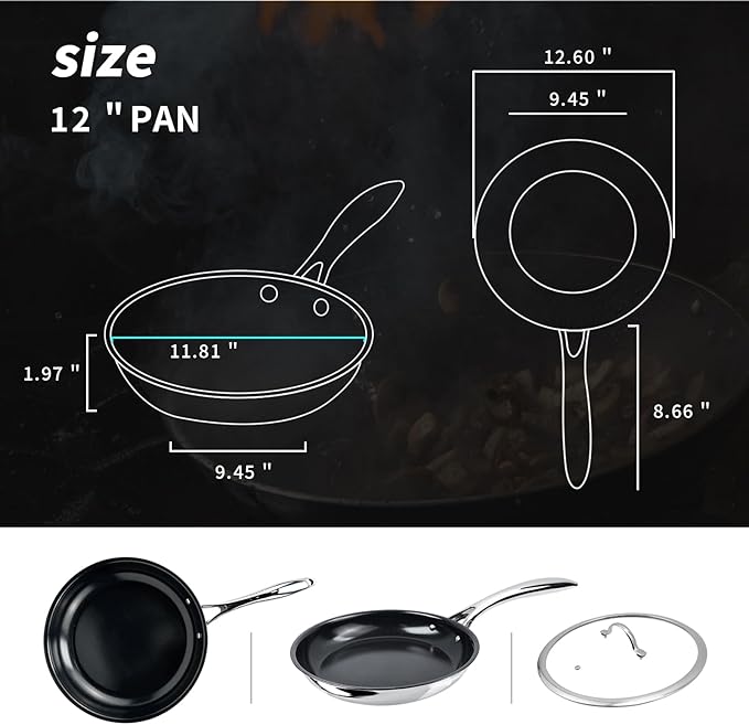 12" Nonstick Ceramic Frying Pan with Lid - PFOA & PTFE-Free, Oven & Broiler-Safe - Thick 2.5mm Four-Layer Construction, Anti-Scalding Handle for All Stovetops (Induction/Gas etc)