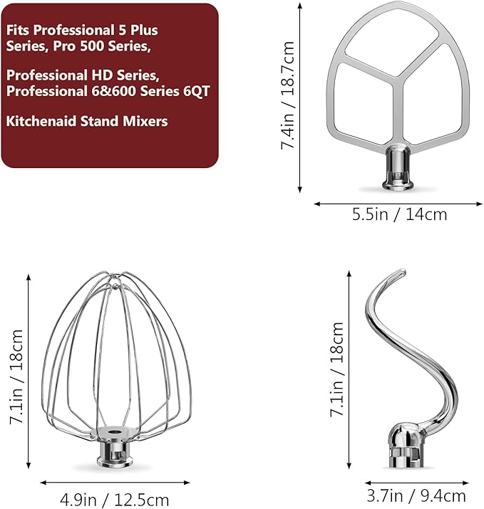 Stainless Steel Attachments 3-Piece for KitchenAid 5.5-6 QT Bowl-Lift Stand Mixer and Mixing Bowl,Includes Wire Whisk, Flat Beater, Dough Hook,Dishwasher Safe and Heavy Duty