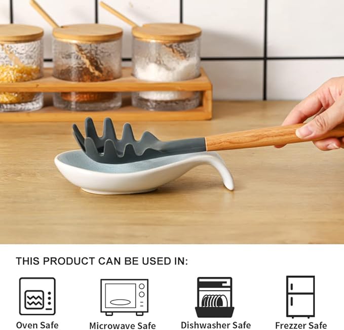 Nihow Ceramic Spoon Rest: 4 Inch Stable Utensil Rest - Heat Resistant Spoon Holder for Kitchen counter/Countertop/Stove Top - Dishwasher Safe - Elegant Green & White (1 PC)