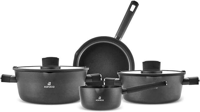 Karaca Swiss Crystal Ceramic Midnight Cookware Set - Non Stick Pots and Pans Set with Lid - PFAS-Free, Dishwasher Safe, Induction Hob Compatible Cookware, Black, 6 Piece