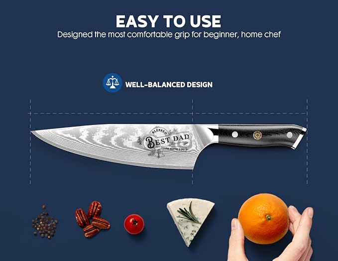 Men Gifts: Damacus Chef Knife - Gifts for Dad, Birthday Gift from Daughter Son Kids, Full Tang G10 Handle, Christmas, Thanksgiving Best Dad Ever Father Gifts