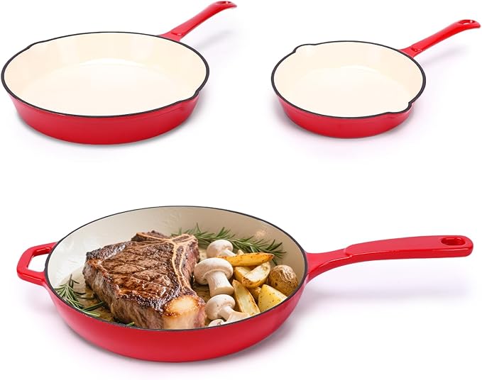 Hisencn Enameled Cast Iron Frying Pan Set, 3 Piece Set of 8''/9.5''/11'' Skillets, PFAS & PTFE & PFOA Free, Gas/Induction/Electric/Oven Compatible, Rouge Red