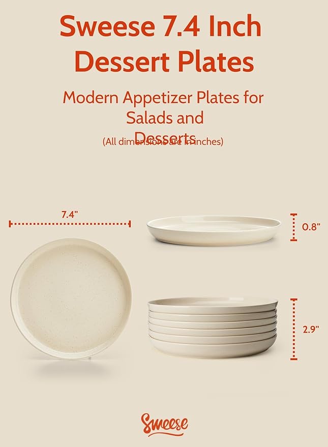 Sweese Porcelain Dessert Plates 7.4 Inch - Set of 6 Beige Salad Plates, Microwave Dishwasher Safe, Elegant for Appetizers