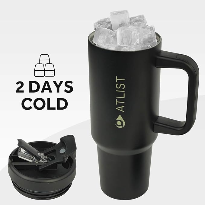 100% Leakproof 40 oz Tumbler with Handle & 4-in-1 SipSwig Lid, Built-In Flip Straw & External Stainless Steel Straw, Insulated Stainless Steel Cup, BPA-Free, Black