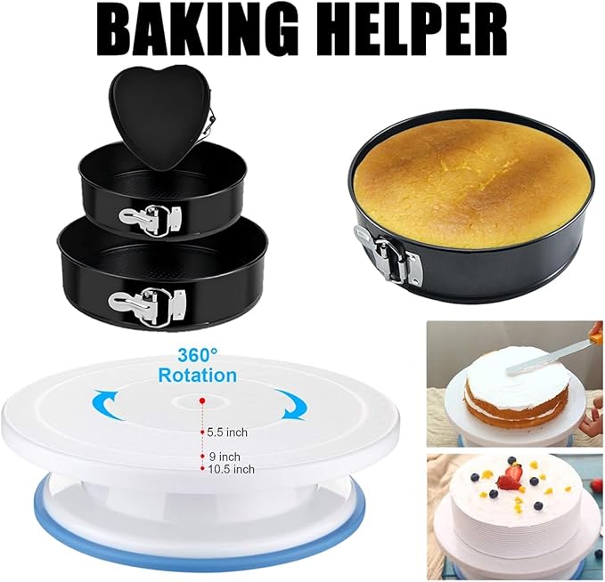390PCS Cake Decorating Supplies Kit – 3 Packs Springform Cake Pans Cake Rotating Turntable, Baking Tools Set with 48 Numbered Piping Icing Tips 4 Russian Nozzles 9 Fondant Tools for Beginners