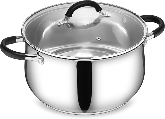 E-far Stainless Steel Stock Pot, 8 Quart Large Cooking Pot with Glass Lid for Boiling Pasta Soup Sauce, Tri-Ply Induction Thick Base for All Stoves, Cool-Touch Handles & Dishwasher Safe
