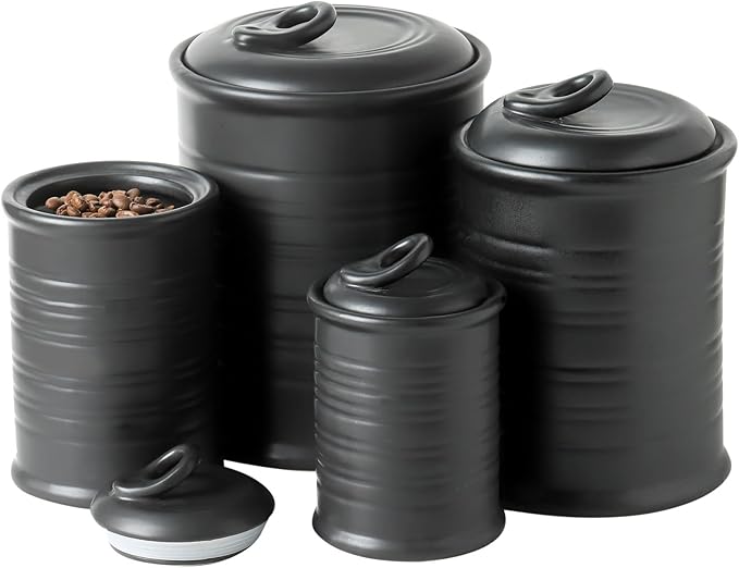 Nihow Food Storage Jar Sets: Ceramic Container with Air Tight Lid for Flour/Sugar/Rice/Coffee/Cookies/Candy - Seal Damp-proof Canister for The Kitchen Counter - Set of 4 (Matte Black)