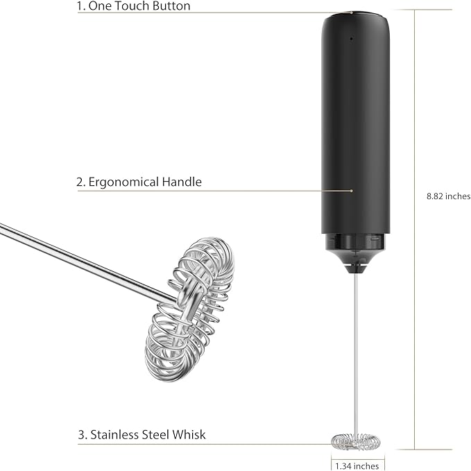 Black Milk Frother Wand, Electric Foam Maker Frother Wand, Hand Mixer for Lattes, Stainless Steel Mixing Head, Detachable for Cleaning, Cappuccino - Kitchen Gift