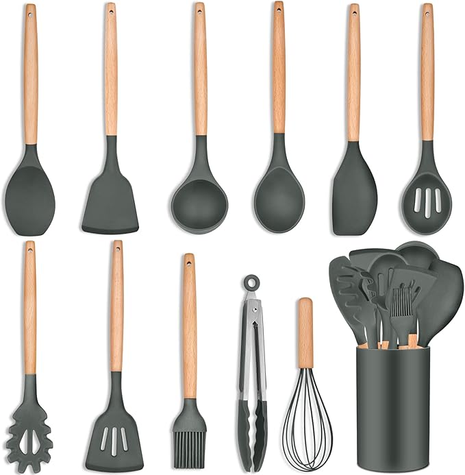 P&P CHEF Silicone Cooking Utensils Set, 12PCS Kitchen Utensils Set with Wooden Handle for Nonstick Cookware, Ladle, Spoon, Spatula, Tong, Heat-resistant & Non-scratch, Non Smell & Healthy, Gray