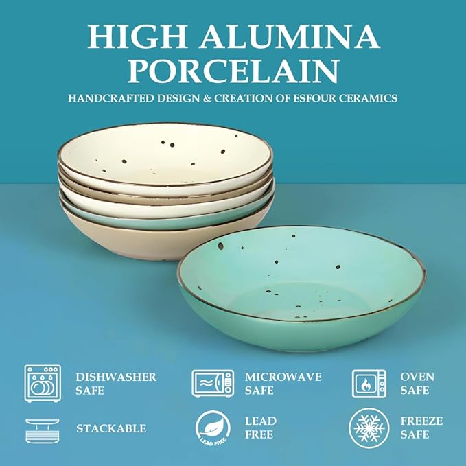 Esfour 8 Inch Porcelain Pasta Bowl, 16 Ounce Salad Bowls, Microwave & Dishwasher Safe, Sturdy & Stackable, Set of 6 Ceramic Bowl Plate Set, Wide Shallow Salad Bowls, Natural Assorted Colors
