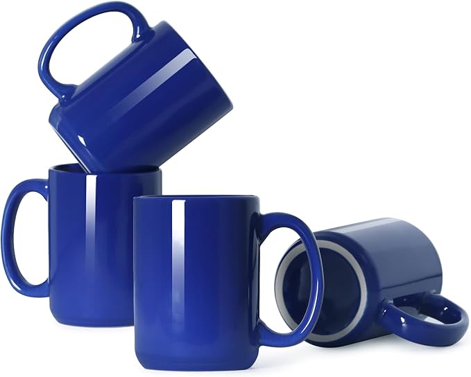 Smilatte 16 OZ Porcelain Coffee Mugs, Classic Blank Ceramic Cup with Large Handle for Tea Latte Cappuccino, Set of 4, Blue