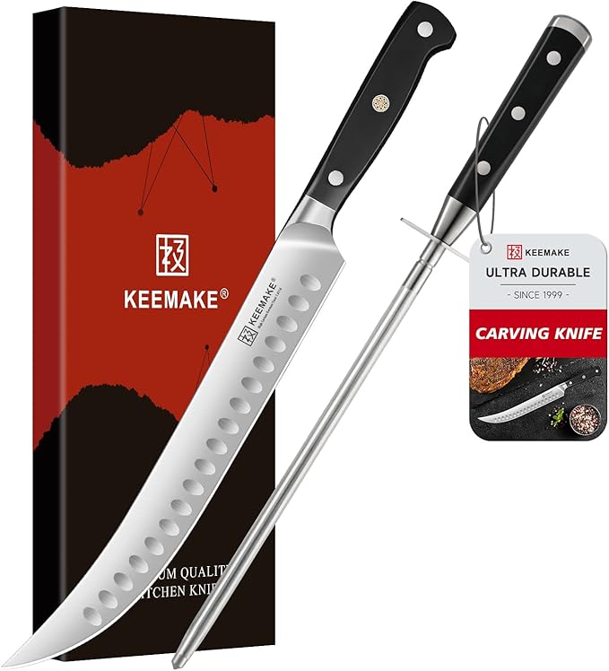 KEEMAKE BBQ Carving Knife Set - 10" Butcher Knife & 10" Honing Rod Slicing Knife Set for Meat Cutting Razor Sharp German Steel with Ergonomic Handle Full Tang Design Gift Box Included