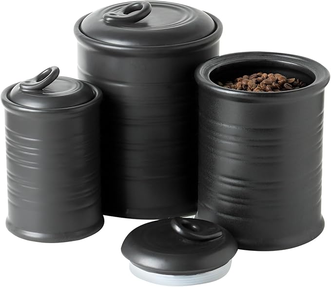 Nihow Food Storage Jar Sets: Ceramic Container with Air Tight Lid for Flour/Sugar/Rice/Coffee/Cookies/Candy - Seal Damp-proof Canister for The Kitchen - Set of 3 (Matte Black)